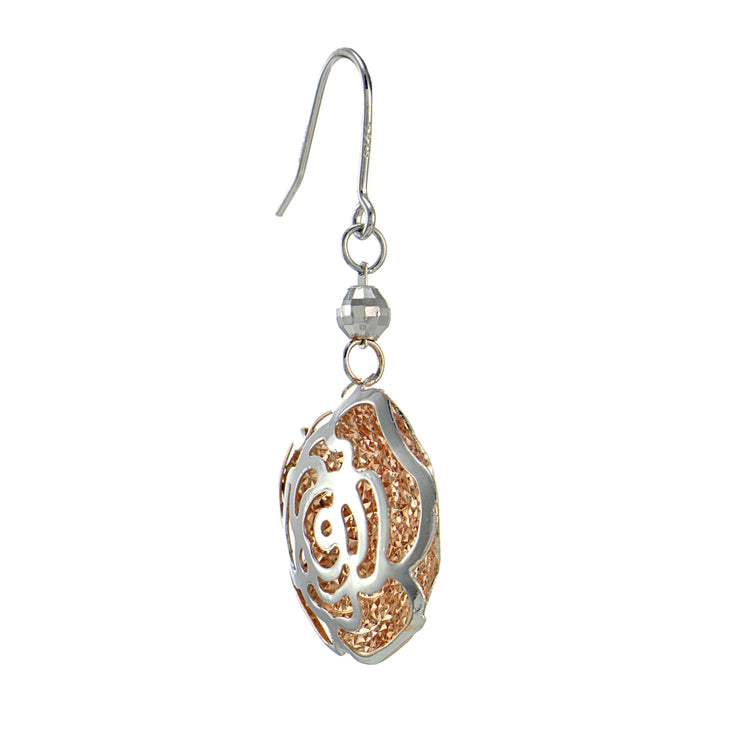 Rose Gold Flashed Sterling Silver Two Tone  Diamond-Cut Flower and Bead Earrings