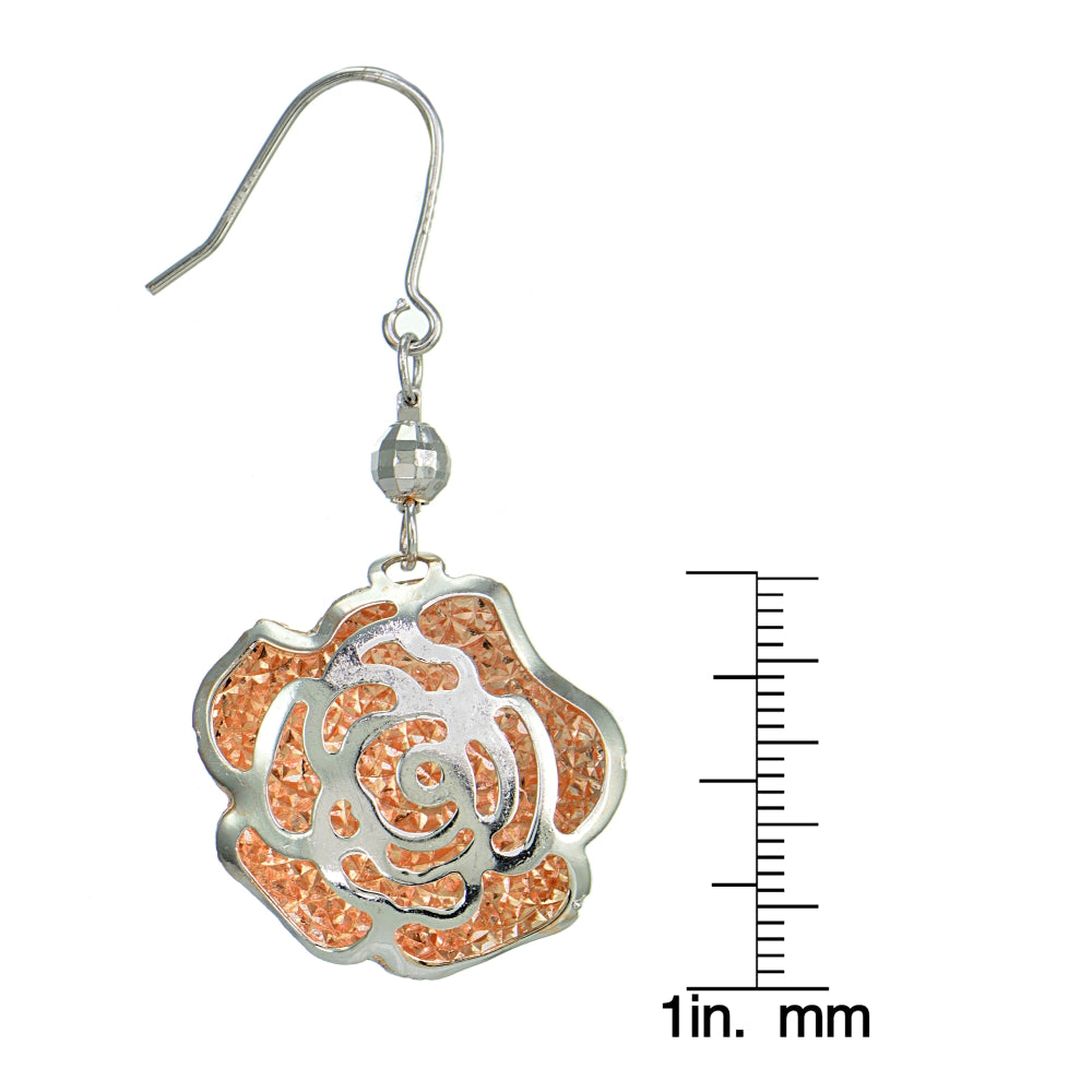 Rose Gold Flashed Sterling Silver Two Tone  Diamond-Cut Flower and Bead Earrings-4