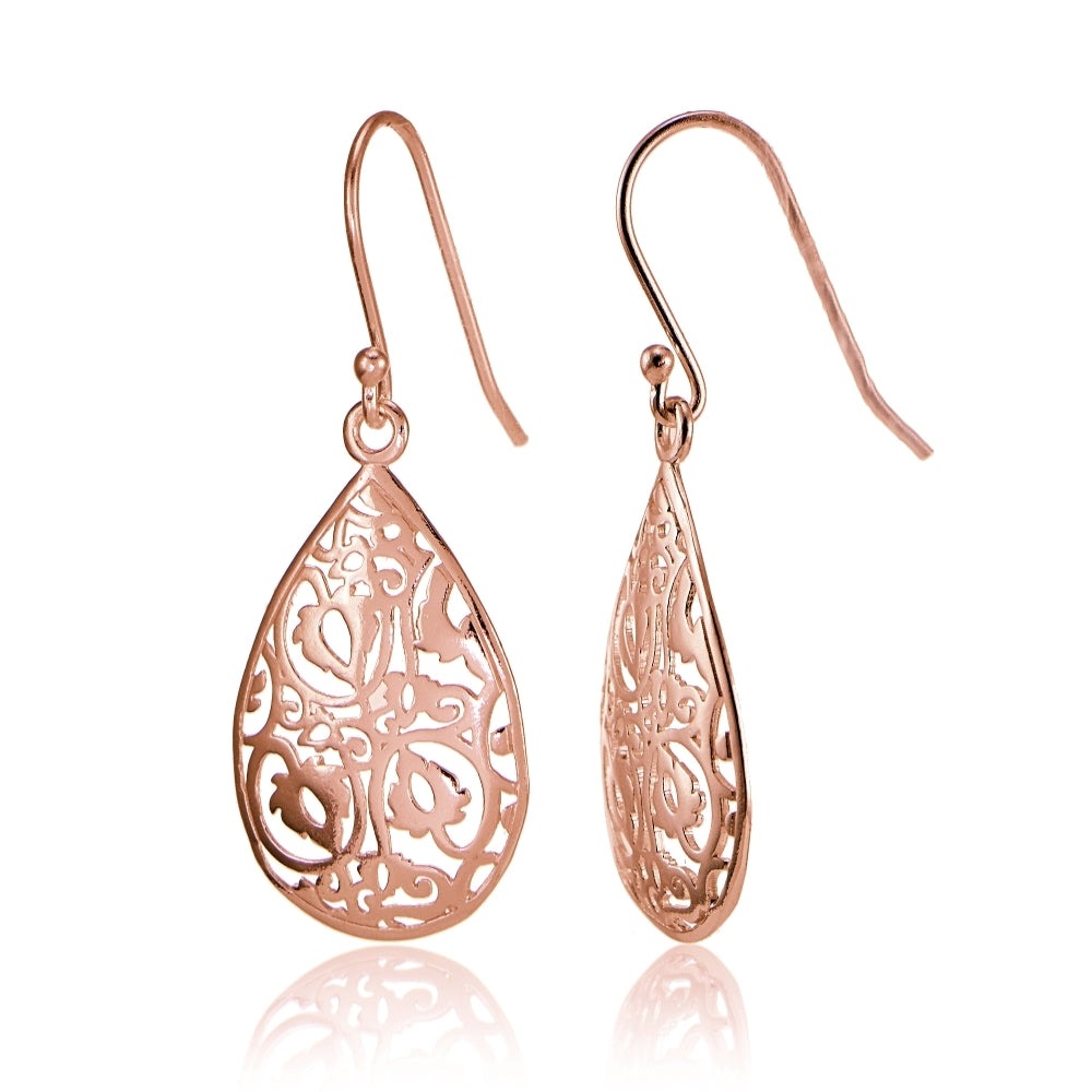 Rose Gold Flashed Sterling Silver FiligreeTeardrop Earrings
