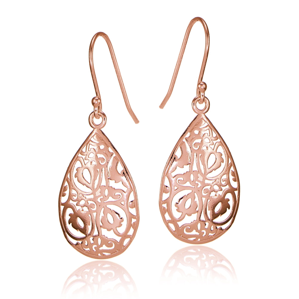 Rose Gold Flashed Sterling Silver FiligreeTeardrop Earrings-2
