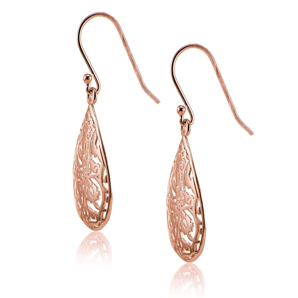 Rose Gold Flashed Sterling Silver FiligreeTeardrop Earrings-3