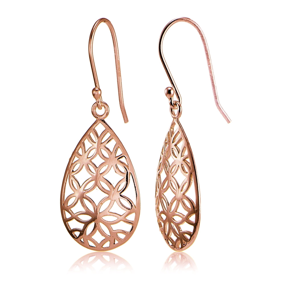 Rose Gold Flashed Sterling Silver Filigree Floral Design Teardrop Earrings