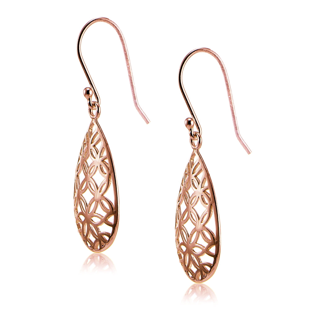 Rose Gold Flashed Sterling Silver Filigree Floral Design Teardrop Earrings-3