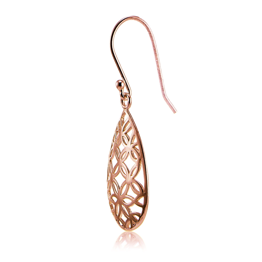 Rose Gold Flashed Sterling Silver Filigree Floral Design Teardrop Earrings-4