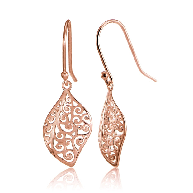 Rose Gold Flashed Sterling Silver Filigree Cut Scroll Design Leaf Shape Earrings