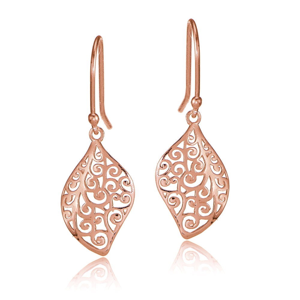 Rose Gold Flashed Sterling Silver Filigree Cut Scroll Design Leaf Shape Earrings-2