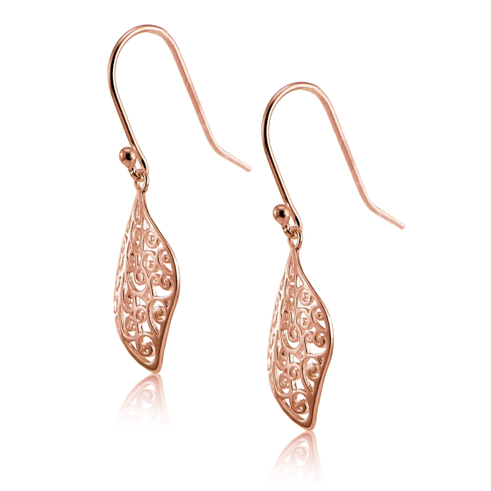 Rose Gold Flashed Sterling Silver Filigree Cut Scroll Design Leaf Shape Earrings-3