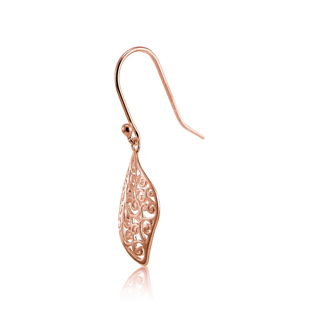 Rose Gold Flashed Sterling Silver Filigree Cut Scroll Design Leaf Shape Earrings