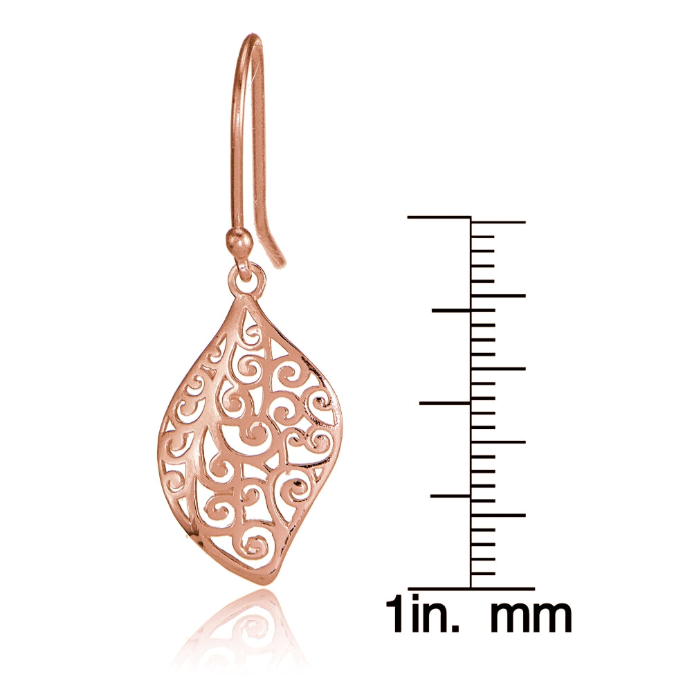 Rose Gold Flashed Sterling Silver Filigree Cut Scroll Design Leaf Shape Earrings-5