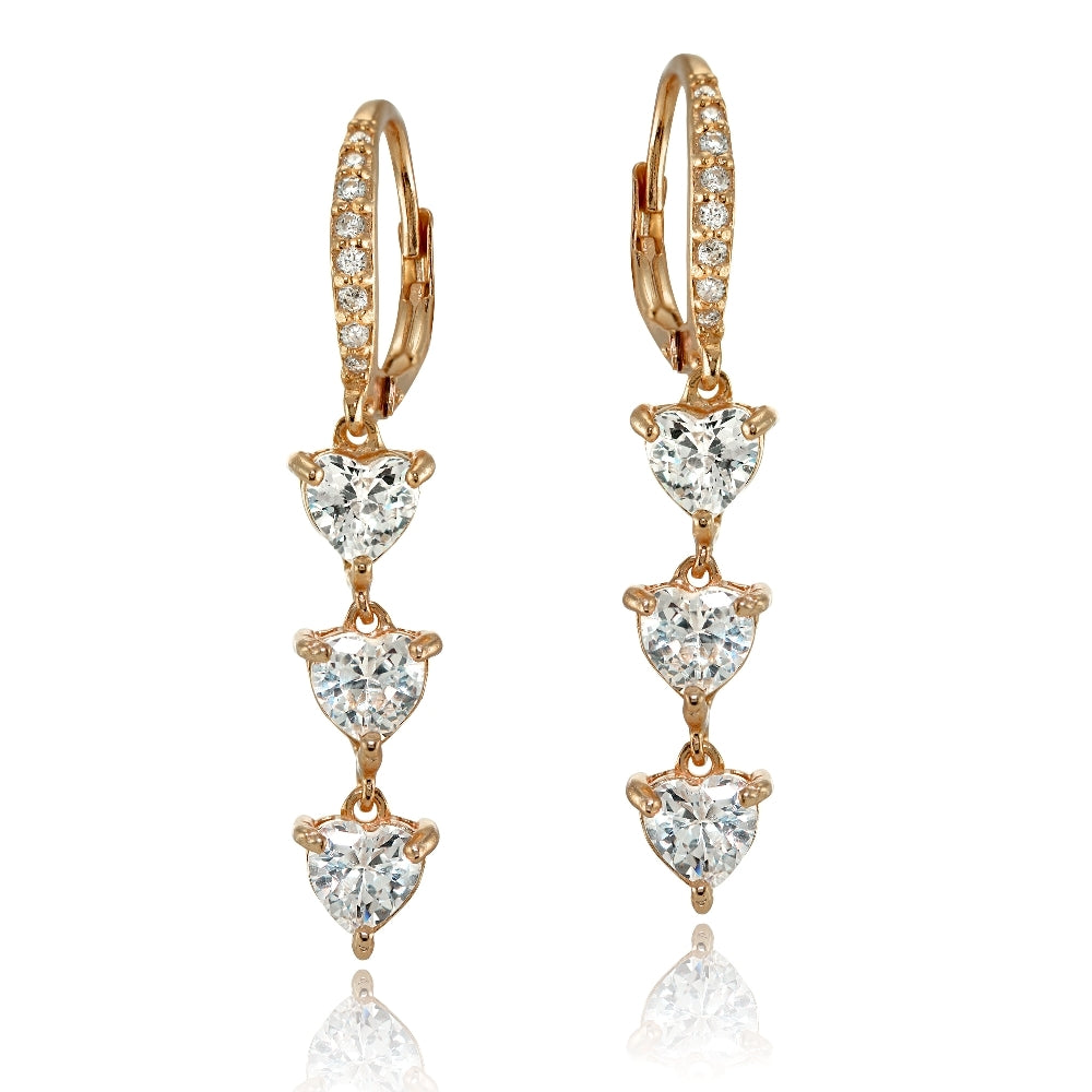 Rose Gold Flashed Sterling Silver Cubic Zirconia Heart 3-Stone Dangle Earrings