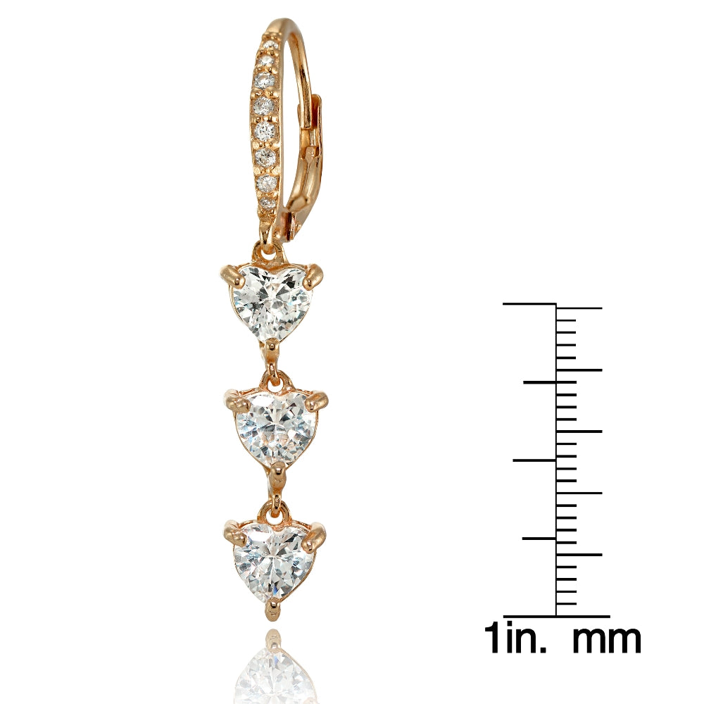 Rose Gold Flashed Sterling Silver Cubic Zirconia Heart 3-Stone Dangle Earrings-2