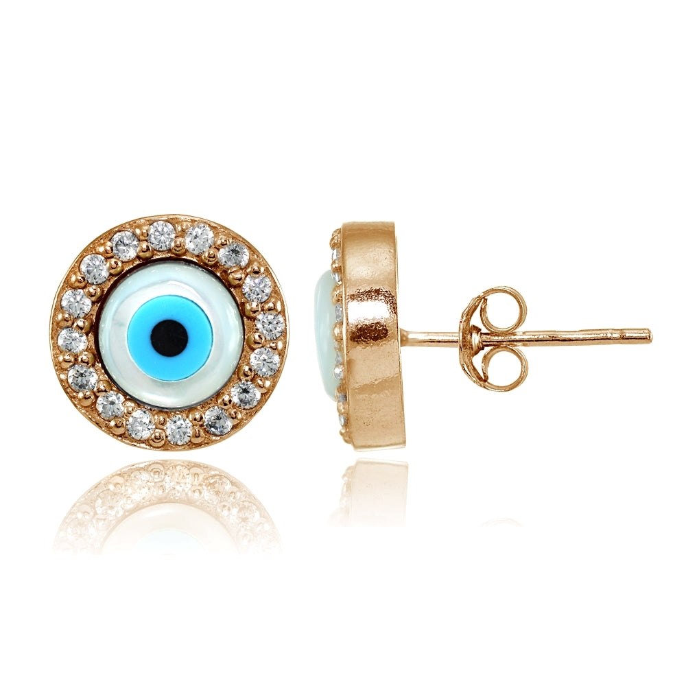 Rose Gold Flashed Silver Cubic Zirconia Multi Colored Enamel Evil Eye Stud Earrings