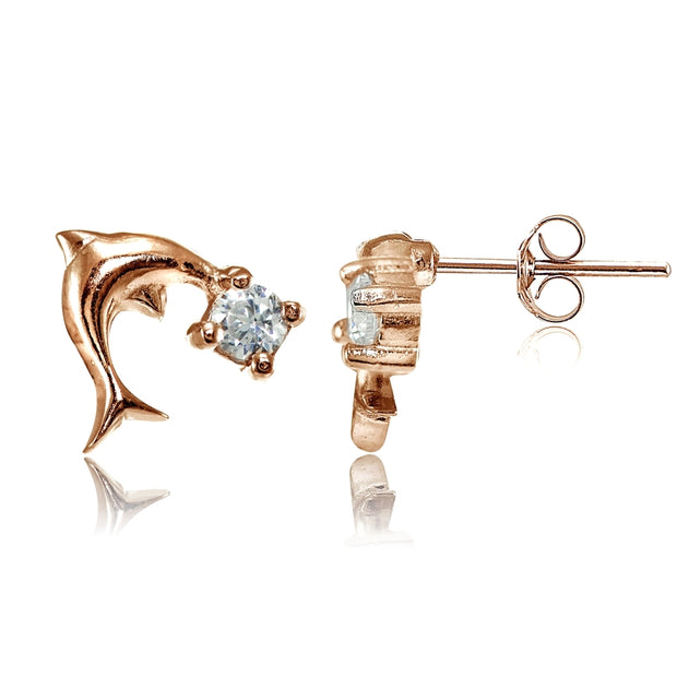 Rose Gold Flashed Sterling Silver Cubic Zirconia Dolphin Stud Earrings