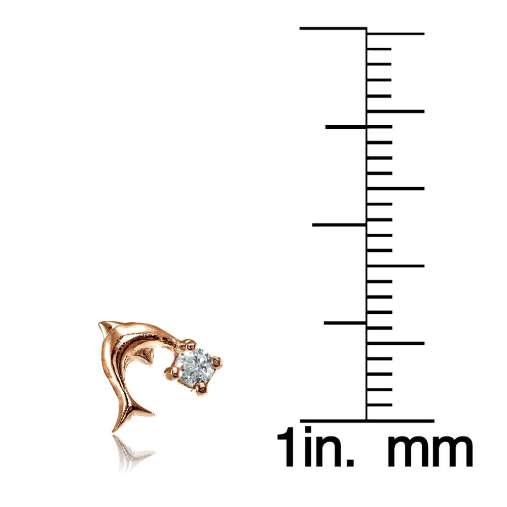 Rose Gold Flashed Sterling Silver Cubic Zirconia Dolphin Stud Earrings-3