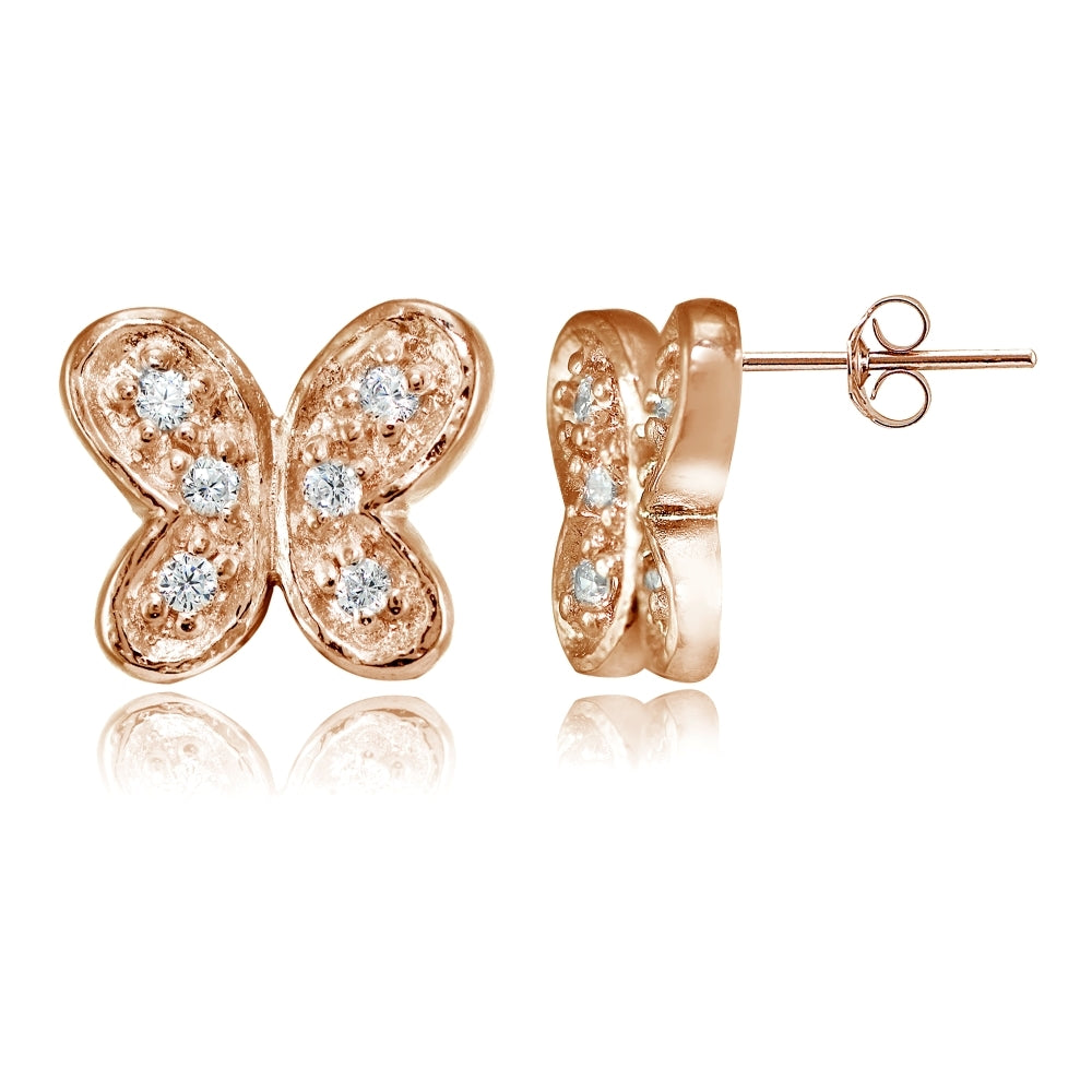 Rose Gold Flashed Sterling Silver Cubic Zirconia Butterfly Stud Earrings