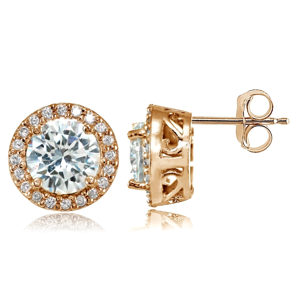 Rose Gold Flashed Sterling Silver Round Cubic Zirconia Halo Stud Earrings