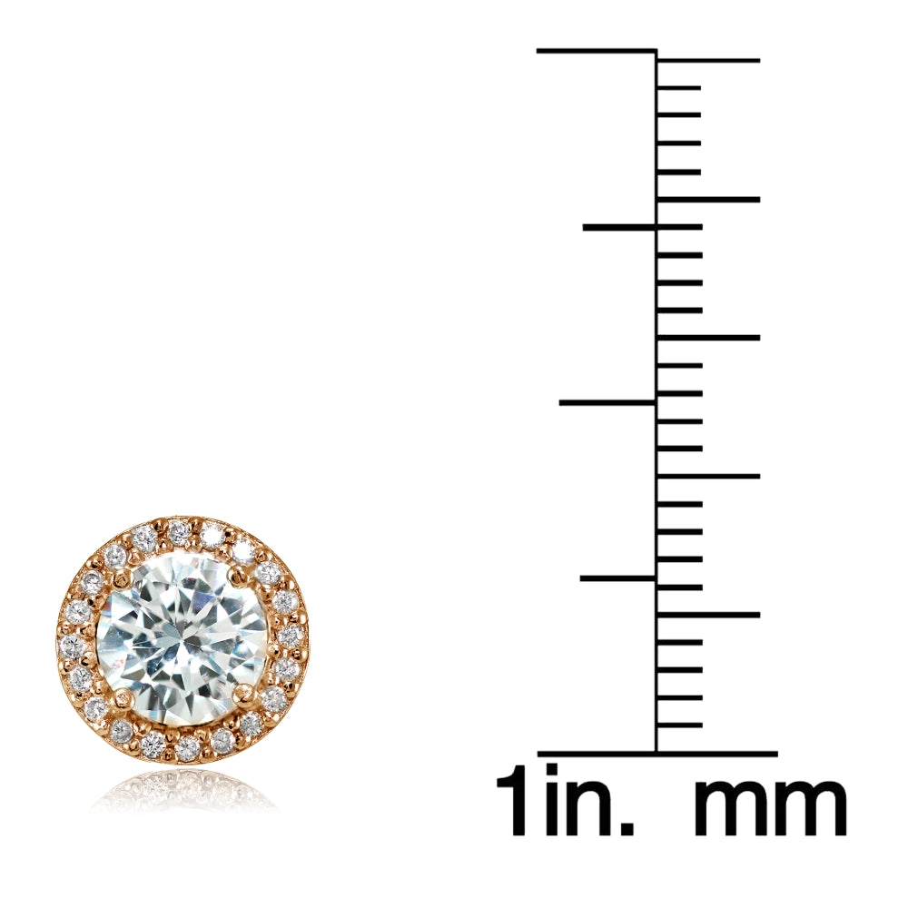 Rose Gold Flashed Sterling Silver Round Cubic Zirconia Halo Stud Earrings-3