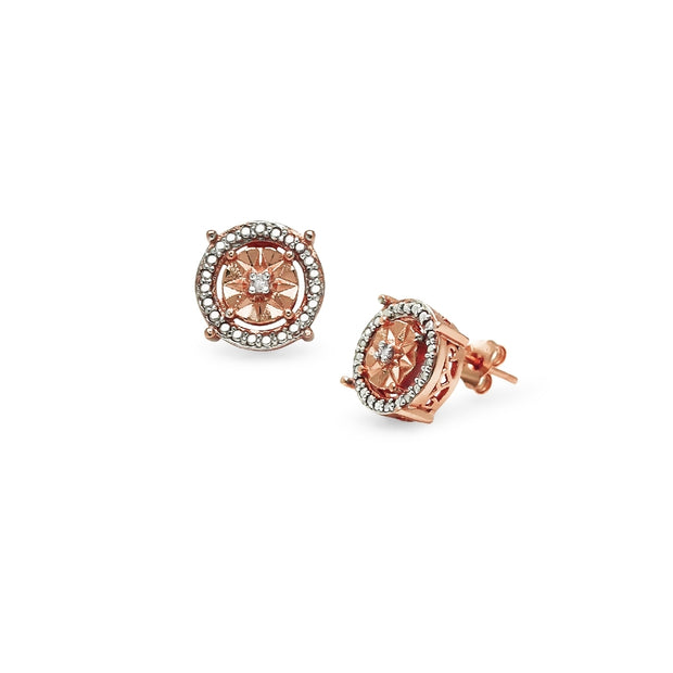 Rose Gold Flashed Sterling Silver Diamond Accent Round Illusion Stud Earrings, JK-I3
