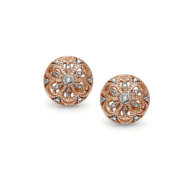 Rose Gold Flashed Sterling Silver Round Filigree Diamond Accent Stud Earrings, JK-I3