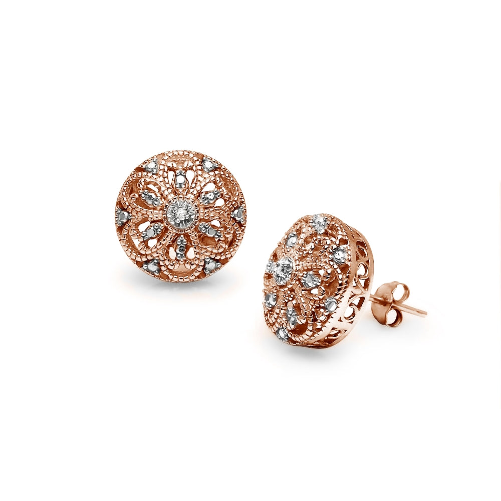 Rose Gold Flashed Sterling Silver Round Filigree Diamond Accent Stud Earrings, JK-I3-2