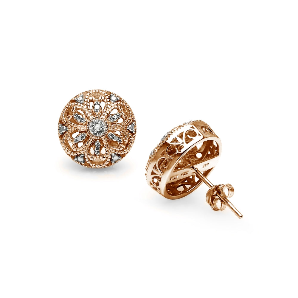 Rose Gold Flashed Sterling Silver Round Filigree Diamond Accent Stud Earrings, JK-I3-3