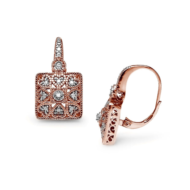 Rose Gold Flashed Sterling Silver Square Filigree Diamond Accent Leverback Drop Earrings, JK-I3