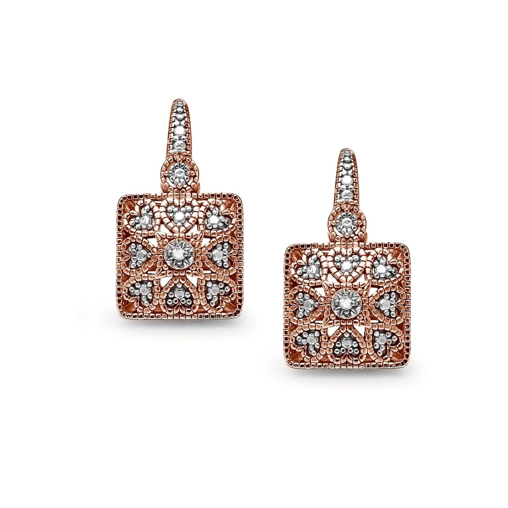Rose Gold Flashed Sterling Silver Square Filigree Diamond Accent Leverback Drop Earrings, JK-I3-2