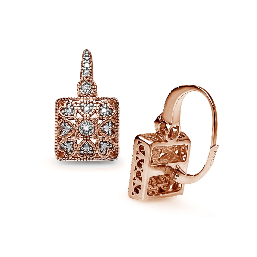 Rose Gold Flashed Sterling Silver Square Filigree Diamond Accent Leverback Drop Earrings, JK-I3-3