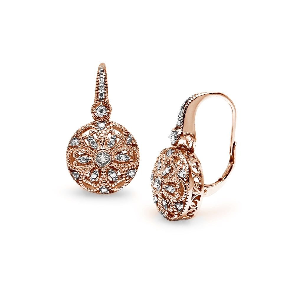 Rose Gold Flashed Sterling Silver Round Filigree Diamond Accent Leverback Drop Earrings, JK-I3