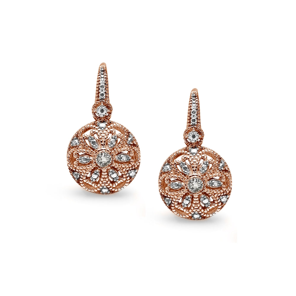 Rose Gold Flashed Sterling Silver Round Filigree Diamond Accent Leverback Drop Earrings, JK-I3-2