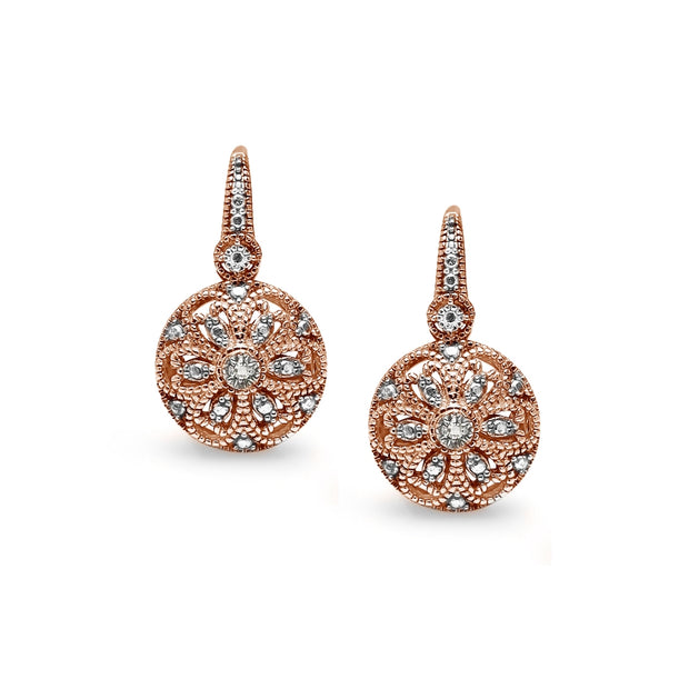 Rose Gold Flashed Sterling Silver Round Filigree Diamond Accent Leverback Drop Earrings, JK-I3