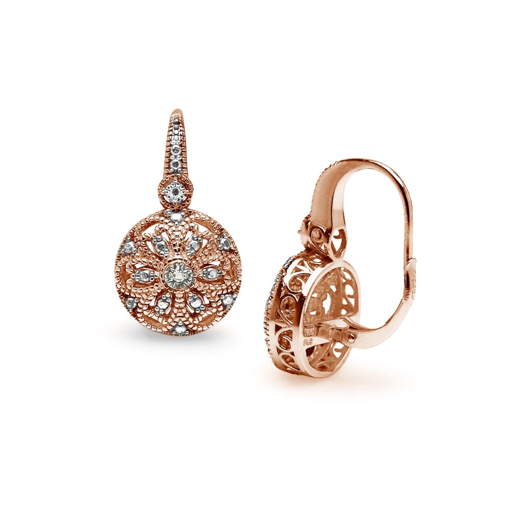 Rose Gold Flashed Sterling Silver Round Filigree Diamond Accent Leverback Drop Earrings, JK-I3-3