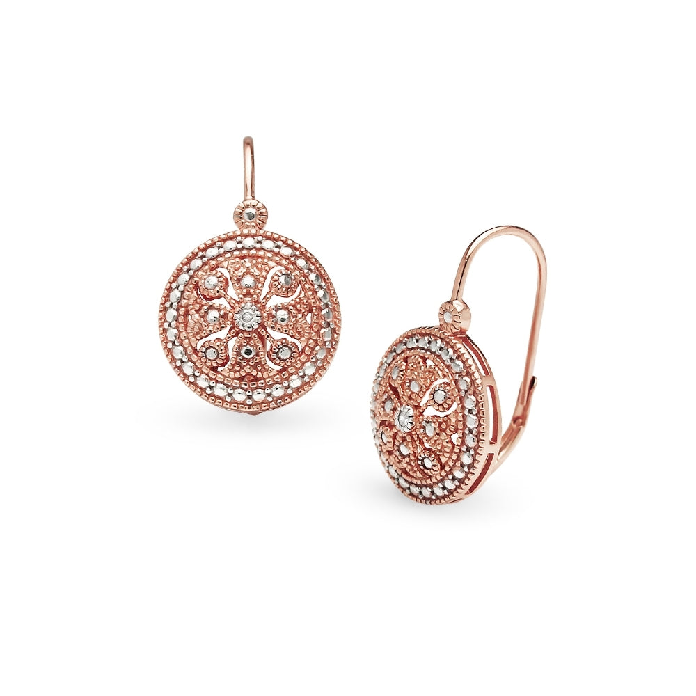 Rose Gold Flashed Sterling Silver Round Filigree Medallion Diamond Accent Leverback Drop Earrings, JK-I3
