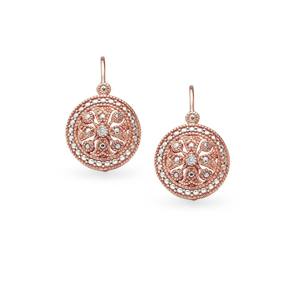 Rose Gold Flashed Sterling Silver Round Filigree Medallion Diamond Accent Leverback Drop Earrings, JK-I3-2