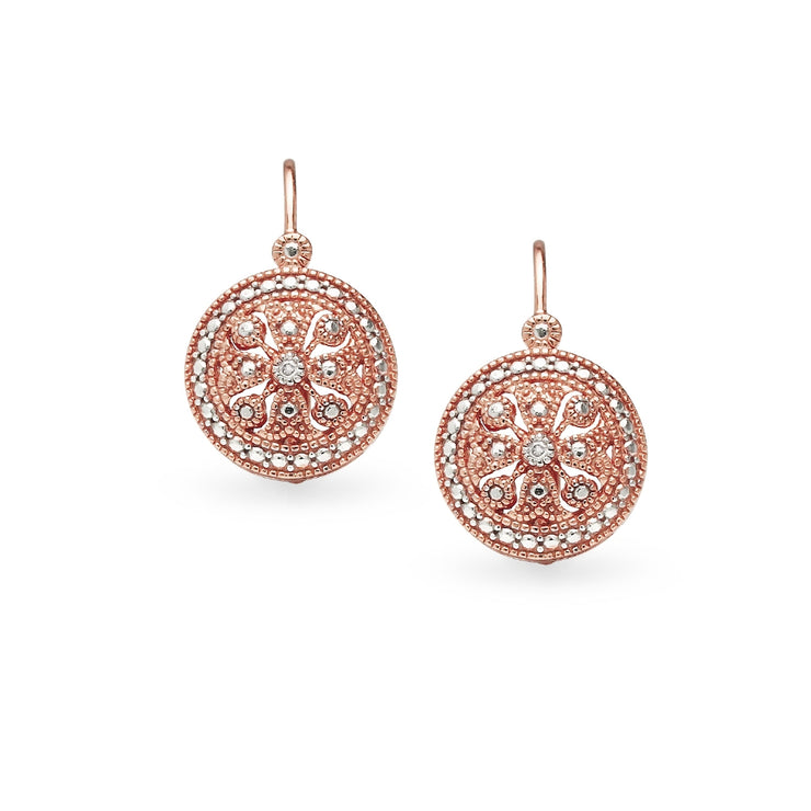 Rose Gold Flashed Sterling Silver Round Filigree Medallion Diamond Accent Leverback Drop Earrings, JK-I3