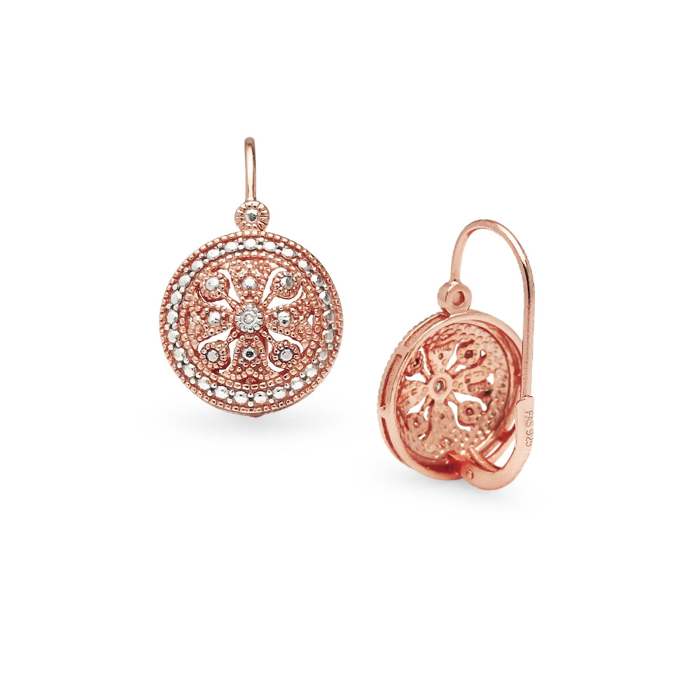 Rose Gold Flashed Sterling Silver Round Filigree Medallion Diamond Accent Leverback Drop Earrings, JK-I3-3