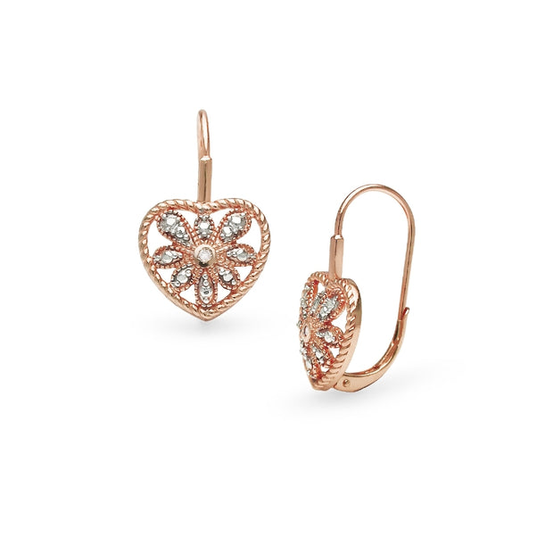 Rose Gold Flashed Sterling Silver Heart Filigree Flower Diamond Accent Leverback Drop Earrings, JK-I3