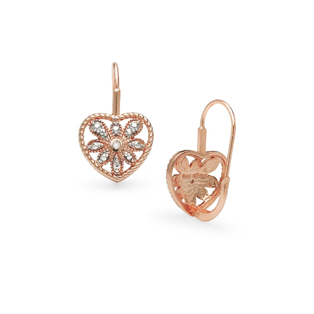 Rose Gold Flashed Sterling Silver Heart Filigree Flower Diamond Accent Leverback Drop Earrings, JK-I3-3