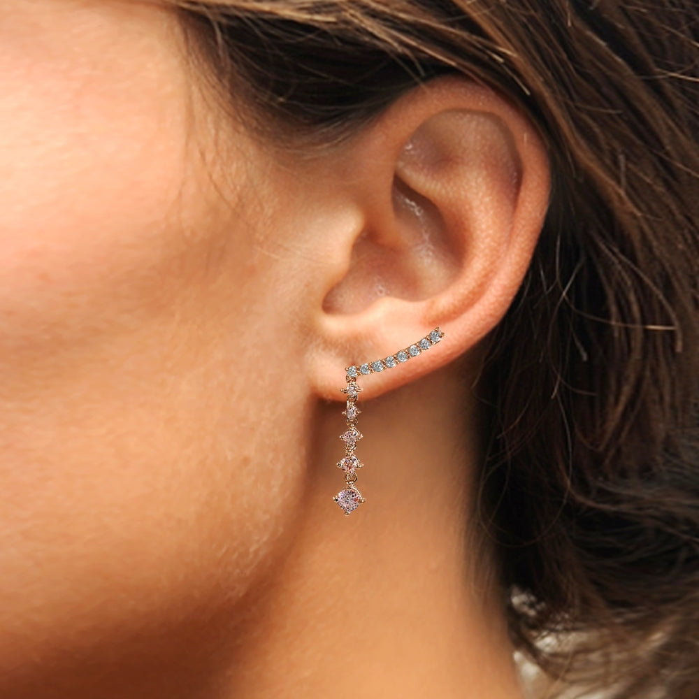 Rose Gold Flashed Sterling Silver Round Created Morganite Climber Crawler Dangle Earrings-4