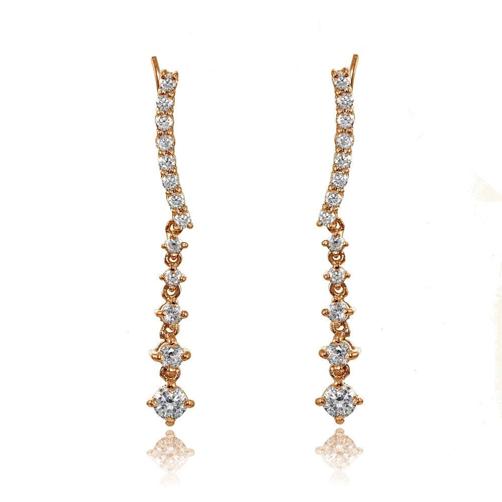 Rose Gold Flashed Sterling Silver Round Cubic Zirconia Climber Crawler Dangle Earrings