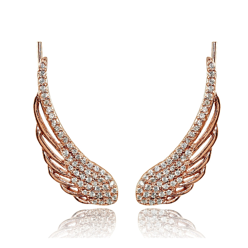 Rose Gold Flashed Sterling Silver Cubic Zirconia Angel Wings Climber Crawler Earrings
