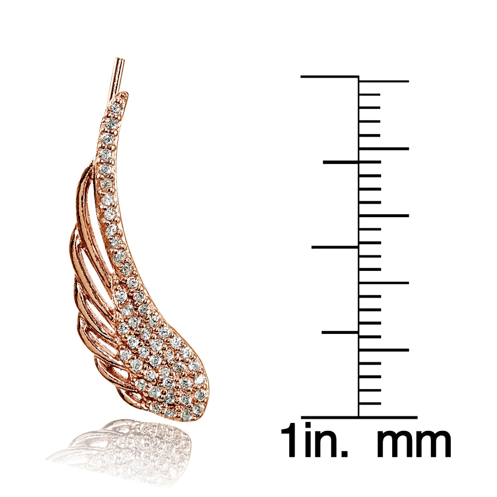 Rose Gold Flashed Sterling Silver Cubic Zirconia Angel Wings Climber Crawler Earrings-2