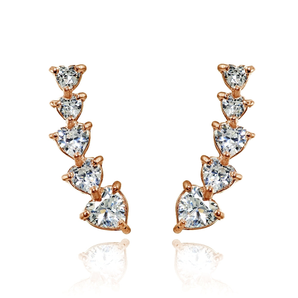 Rose Gold Flashed Sterling Silver Heart Cubic Zirconia Curved Climber Crawler Earrings