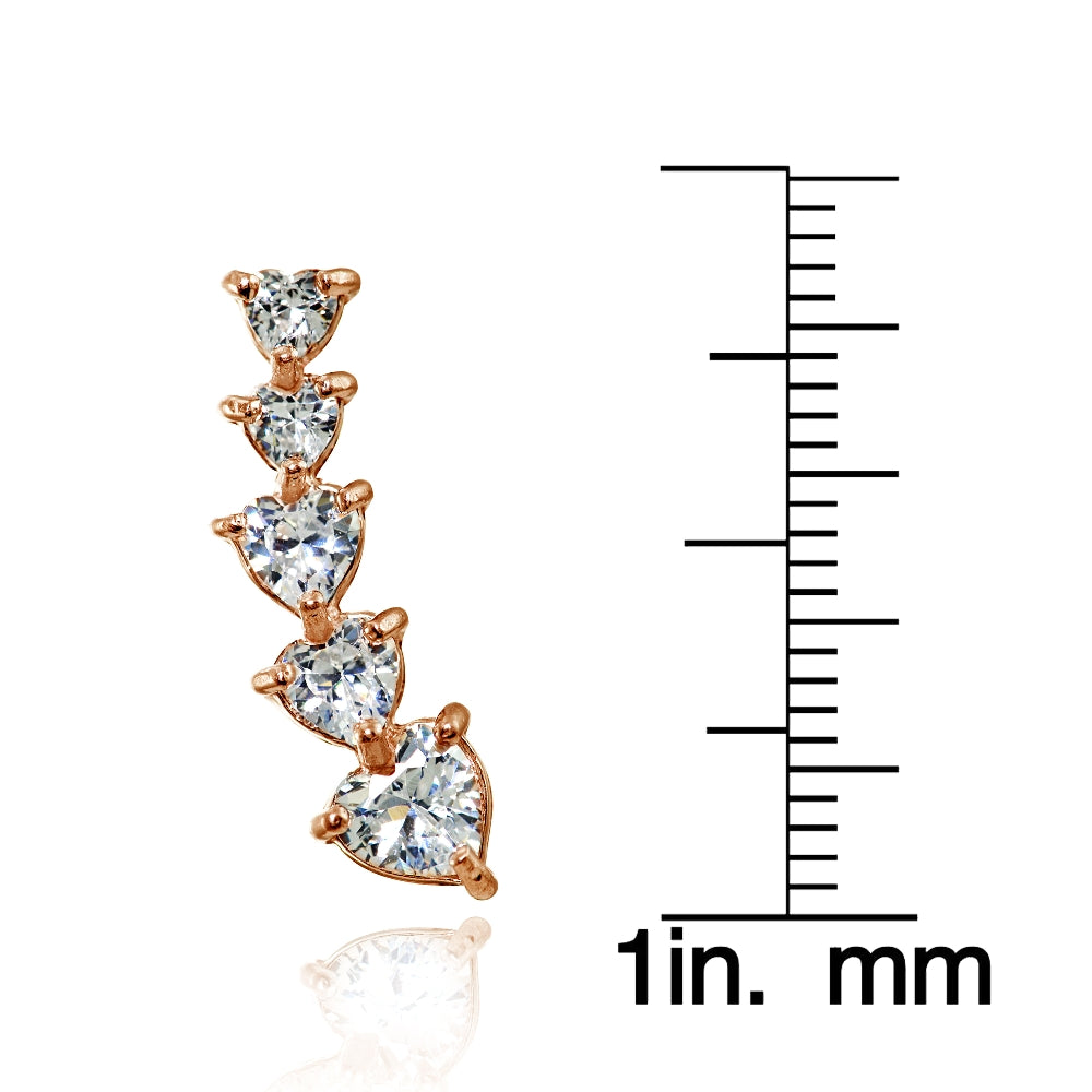 Rose Gold Flashed Sterling Silver Heart Cubic Zirconia Curved Climber Crawler Earrings-3