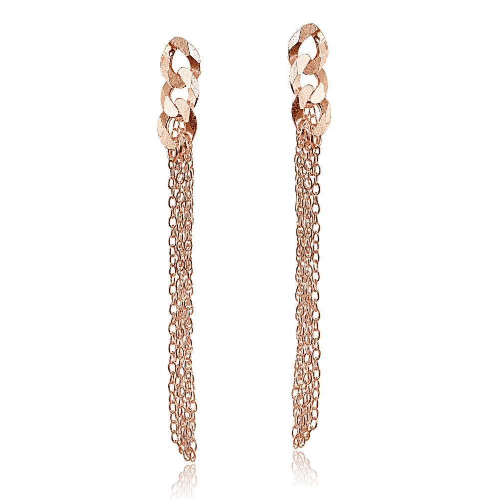 Rose Gold Flashed Sterling Silver Flat Link and Multi-Strand Chain Drop Dangle Earrings-2