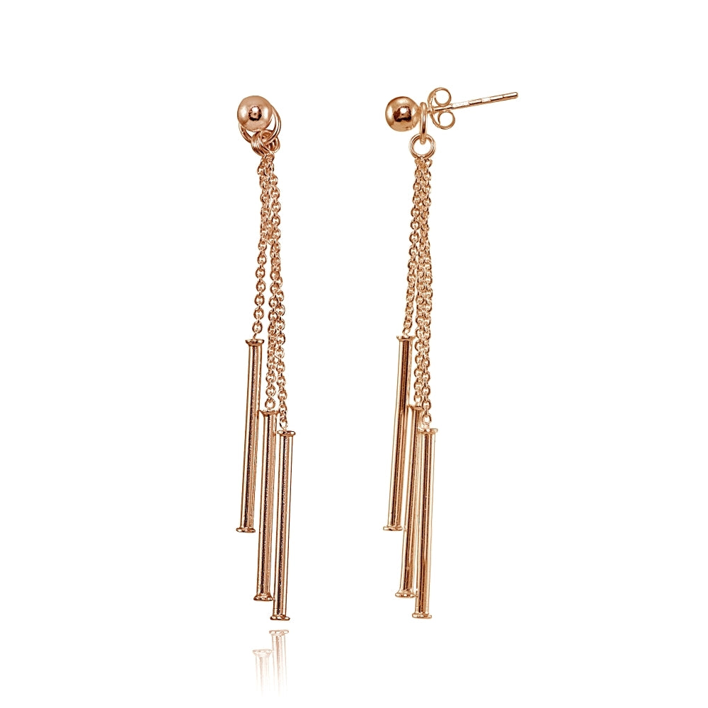 Rose Gold Flashed Sterling Silver Bead and Multi-Strand Chain & Bar Drop Dangle Earrings