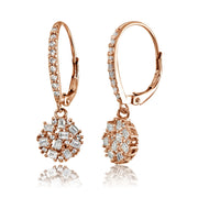 Rose Gold Flashed Sterling Silver Baguette and Round-Cut Cubic Zirconia Cluster Round Leverback Dangle Earrings
