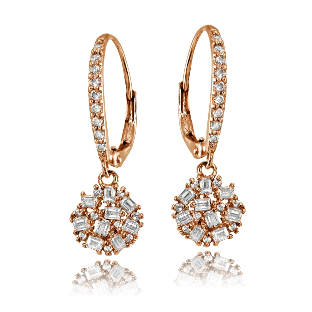 Rose Gold Flashed Sterling Silver Baguette and Round-Cut Cubic Zirconia Cluster Round Leverback Dangle Earrings-2