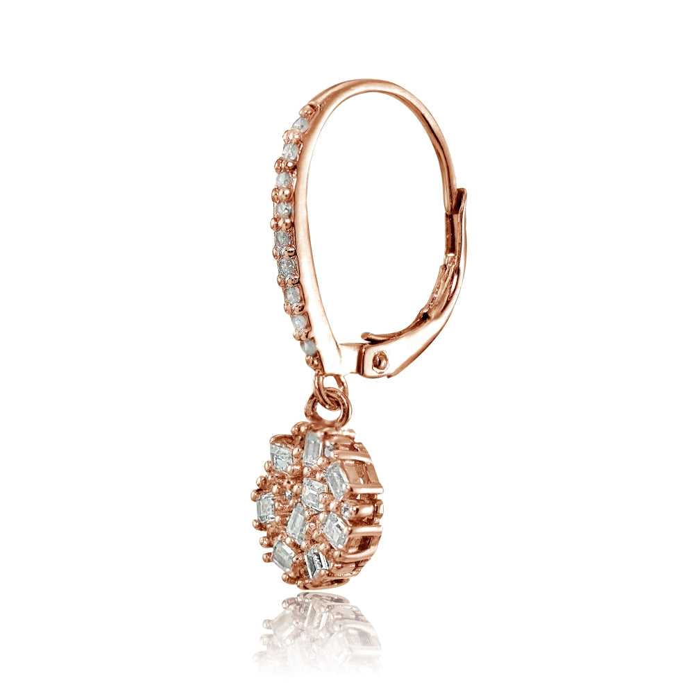 Rose Gold Flashed Sterling Silver Baguette and Round-Cut Cubic Zirconia Cluster Round Leverback Dangle Earrings-3