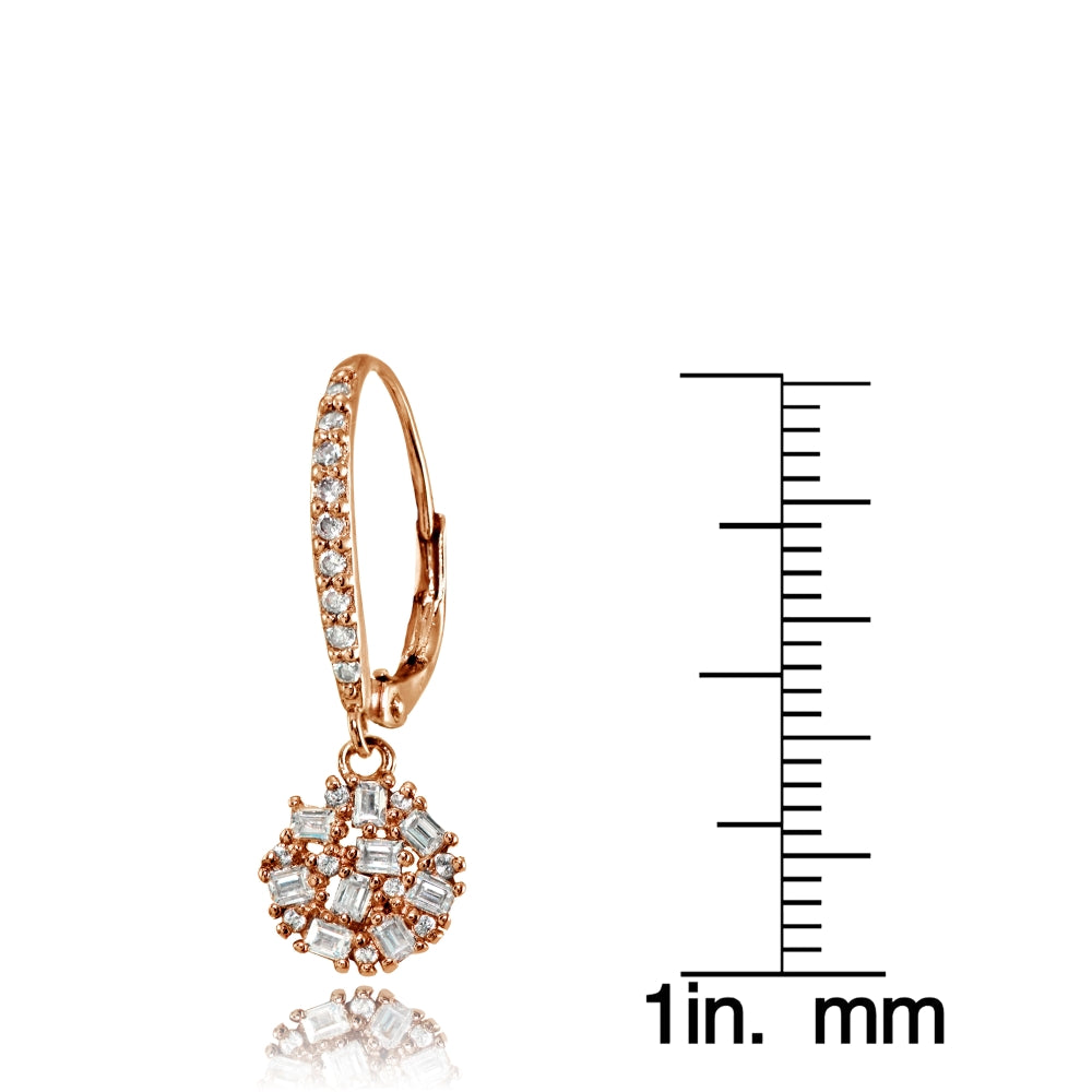 Rose Gold Flashed Sterling Silver Baguette and Round-Cut Cubic Zirconia Cluster Round Leverback Dangle Earrings-4